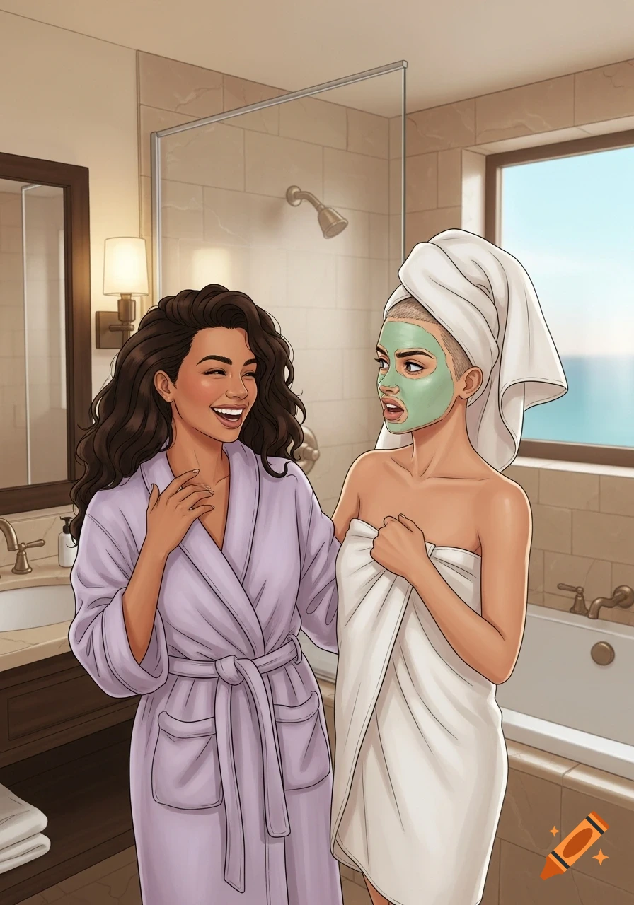 Illustration of two women in a bathroom, one laughing in a bathrobe, the other with a green mud mask in a towel.