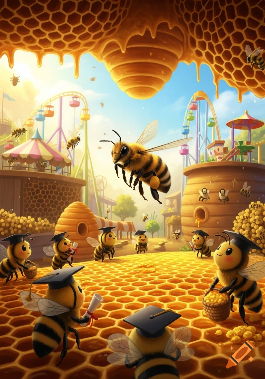 Cartoon bees in graduation caps celebrate in an amusement park under a dripping honeycomb ceiling.
