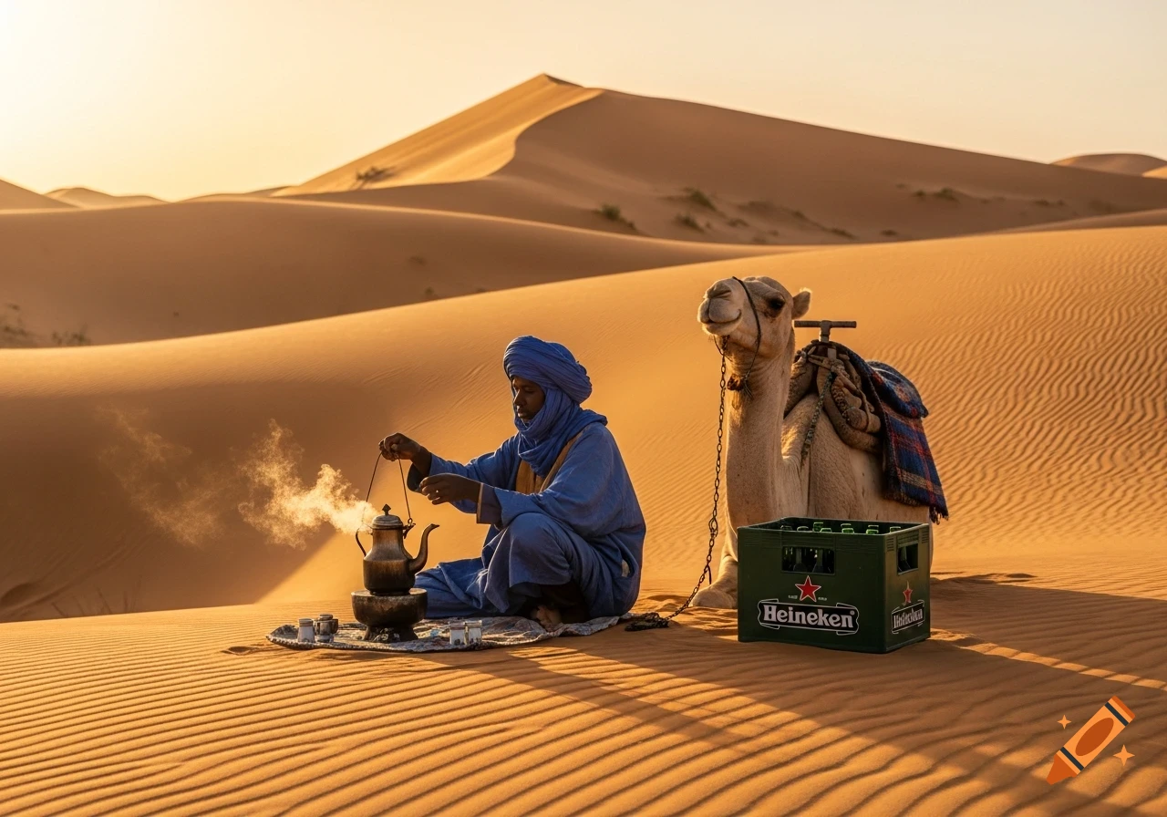 A person in blue prepares tea in a vast desert with a camel and a Heineken beer crate nearby, under a sunset sky.