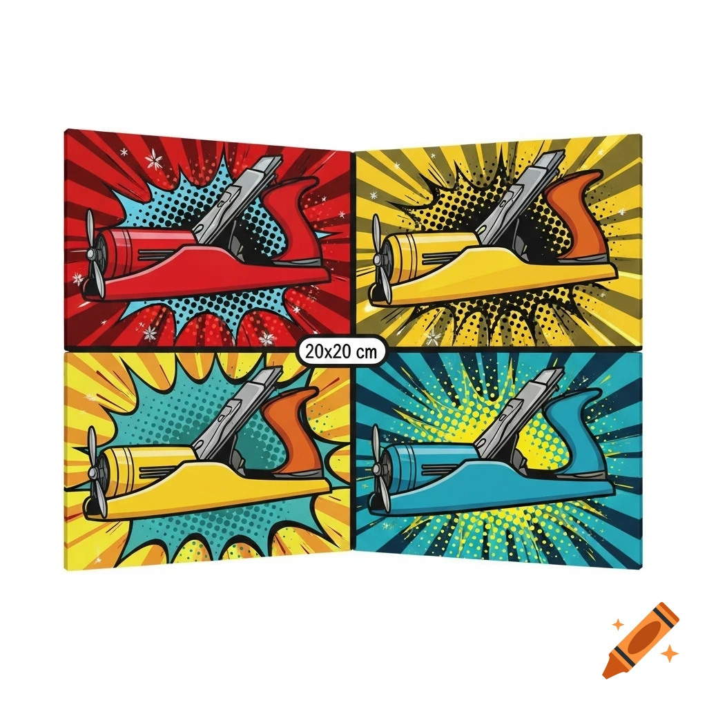Four pop art style images, each showing a different colored hand plane (red, yellow, blue) on a comic-style background with halftone dots.