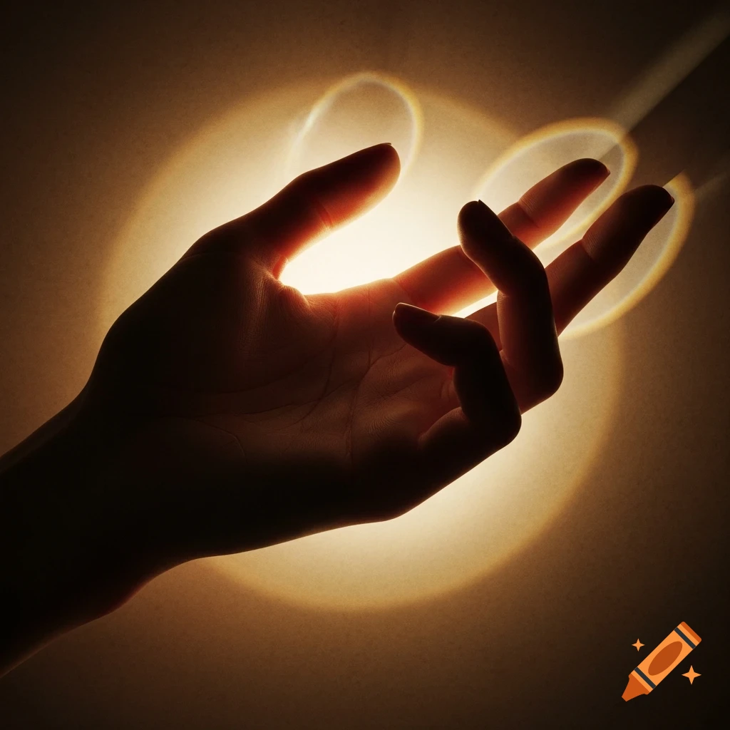 A human hand silhouetted against a warm, glowing light, with a halo effect around the fingers.