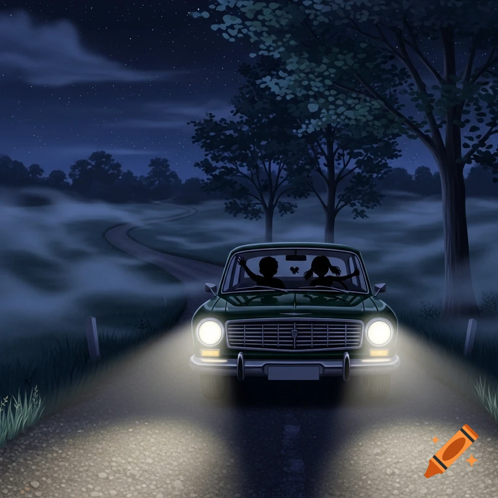 Illustration of a dark green car with two silhouetted people driving on a winding, misty road at night, illuminated by headlights.
