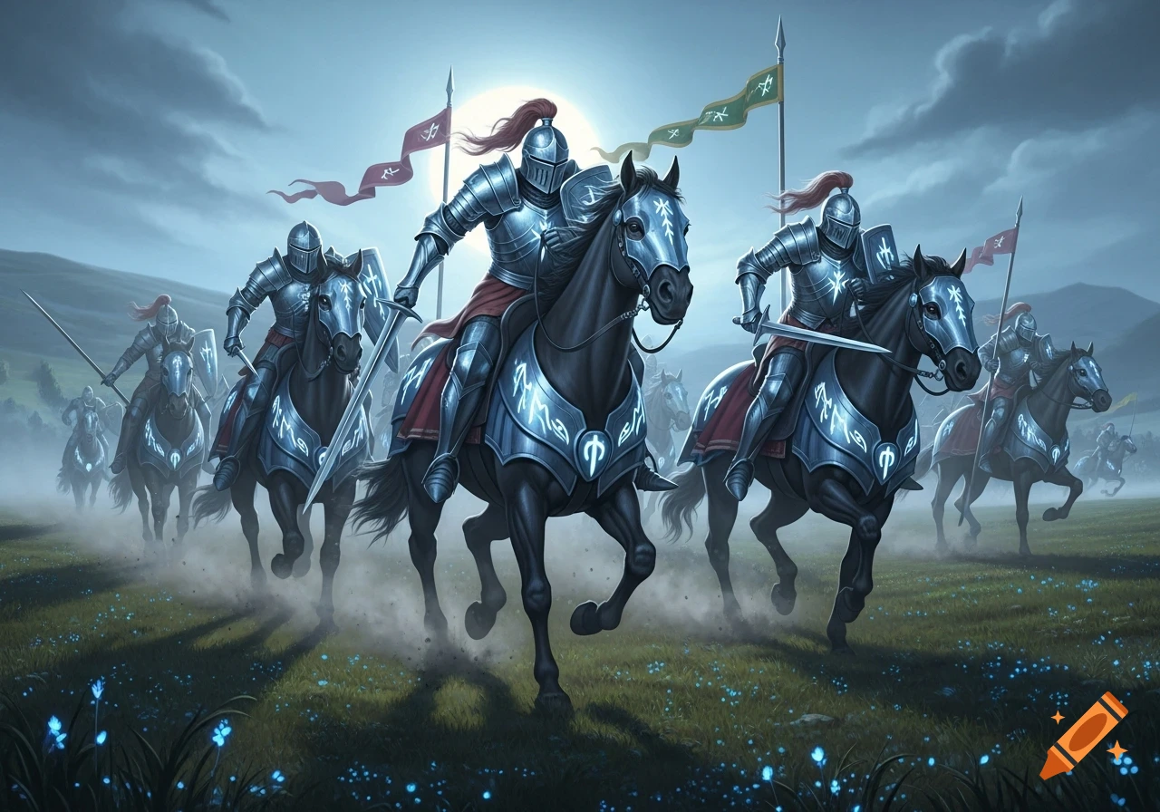 A unit of armored knights on horseback charges across a grassy field under a moonlit sky, glowing blue flowers dot the foreground.