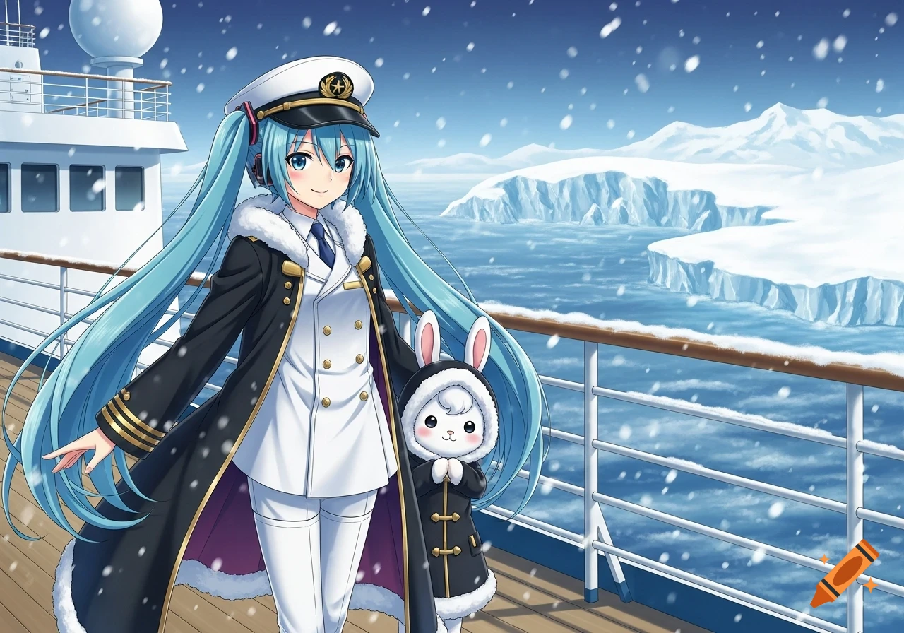 Anime girl with long blue hair in a captain's uniform and a small rabbit on a snowy cruise ship deck, with icebergs.