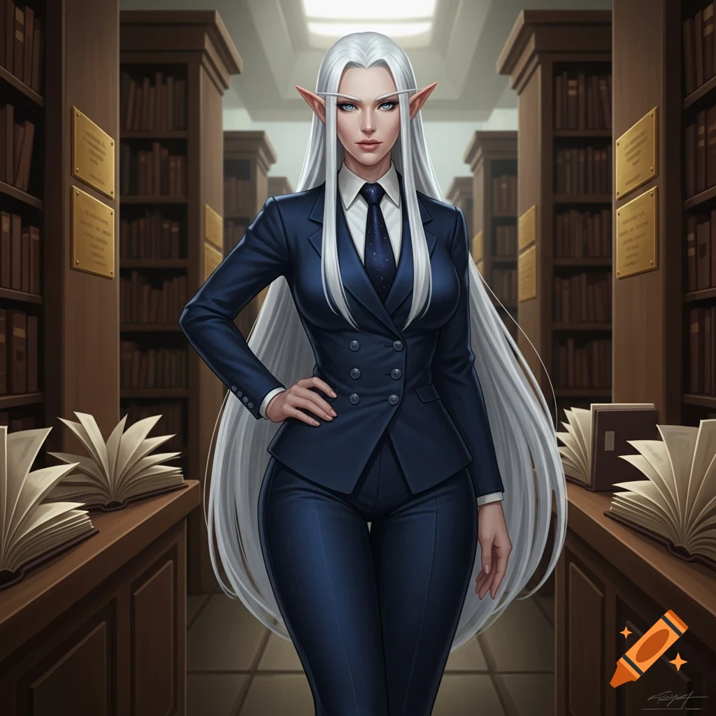 A stylized illustration of a female elf with long white hair and pointed ears, wearing a dark blue suit, standing in a library archive.