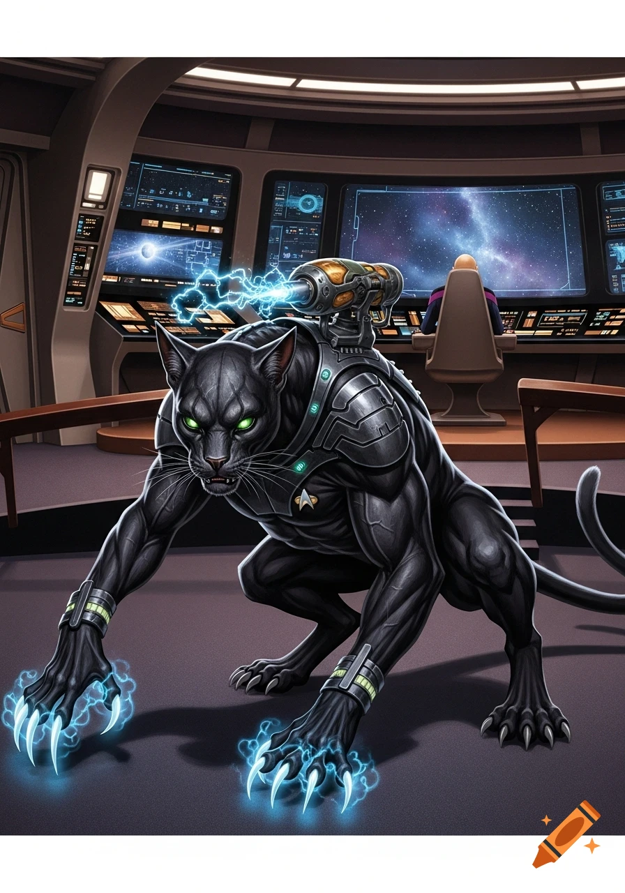 A sleek, muscular black alien cat with glowing green eyes and sci-fi armor crouches on the bridge of a Star Trek-style spaceship, with blue plasma claws and a shoulder cannon.