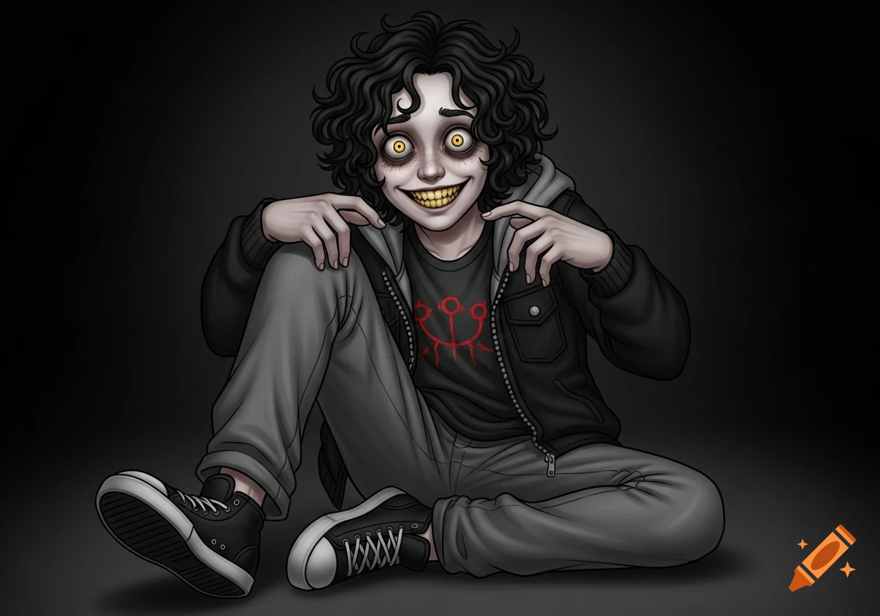 A digital drawing of a creepy youth with pale skin, messy black hair, yellow eyes, and a wide grin, wearing a black jacket and grey pants.