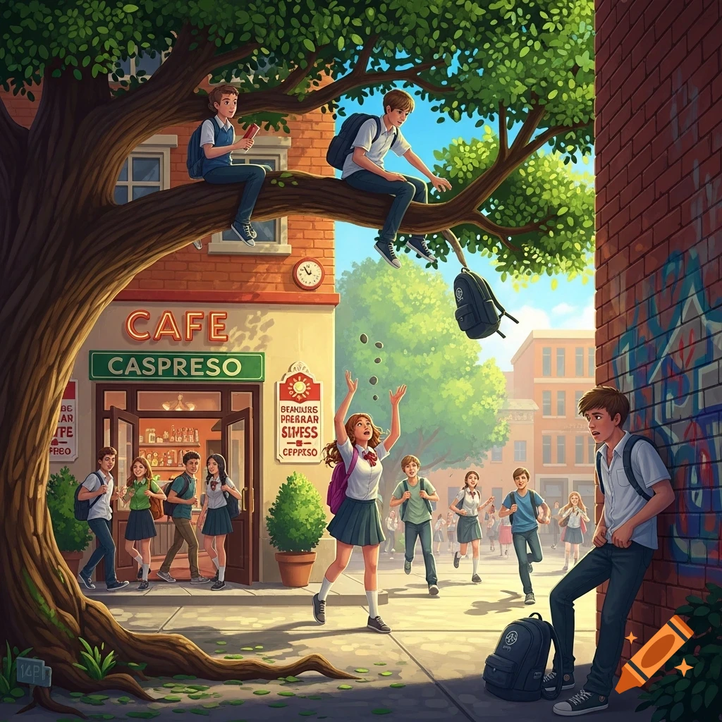 Students in uniforms interact outside a cafe. One boy sits on a tree branch, another leans against a graffiti-covered wall, and a girl throws small objects into the air.