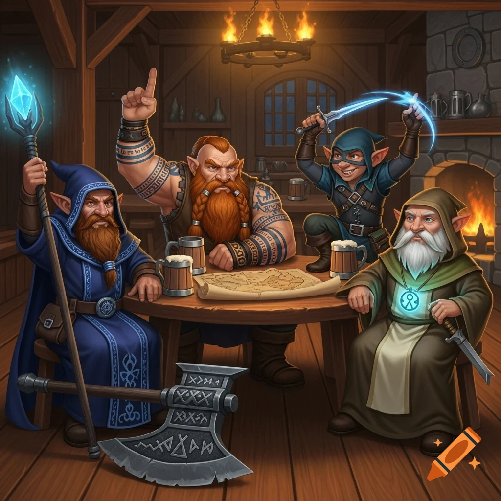 Four stylized fantasy characters, including dwarves and gnomes, gather around a table with a map and mugs in a cozy tavern.