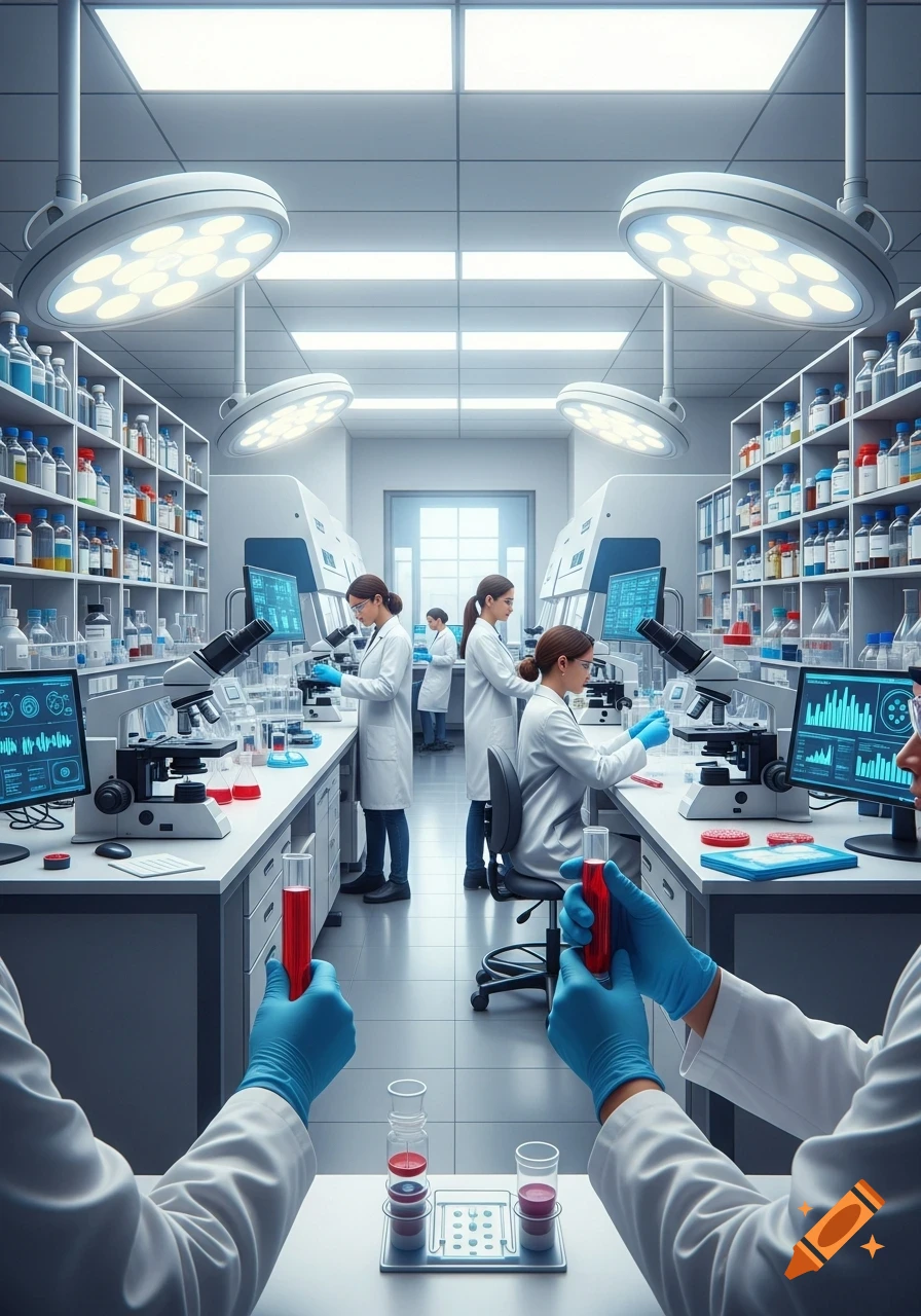 Photorealistic image of multiple scientists in white coats working in a modern medical laboratory with microscopes, computers, and test tubes.