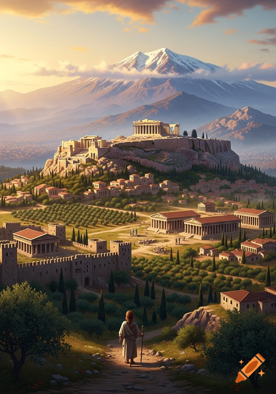 Oil painting of an ancient Greek city with temples, olive groves, and a fortified wall. A traveler walks towards it, with snow-capped mountains in the distance under a warm sky.