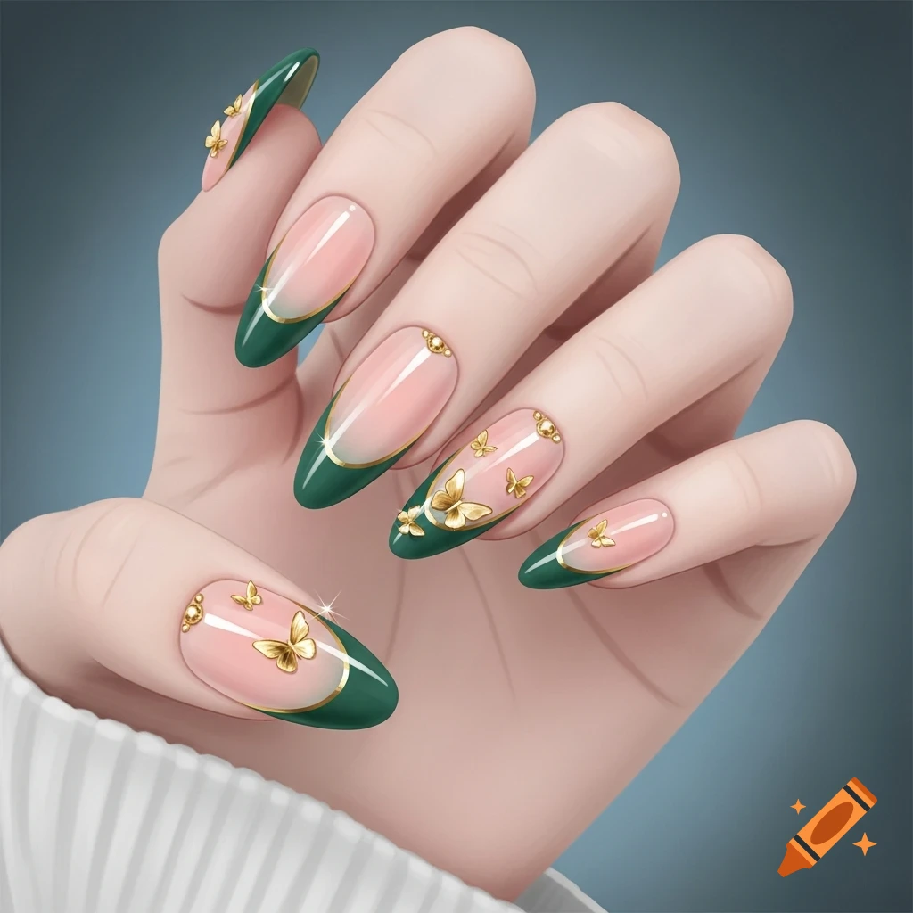 A hand with long almond-shaped nails featuring hunter green French tips, peachy-pink bases, and gold butterfly and stud decorations.