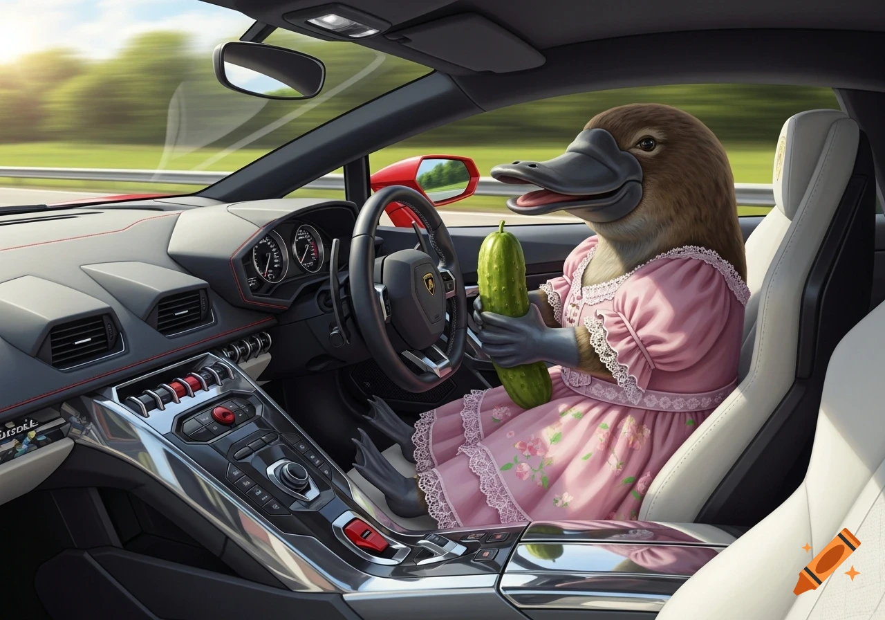 A photorealistic platypus in a pink dress holds a pickle while driving a red Lamborghini on a sunny highway.