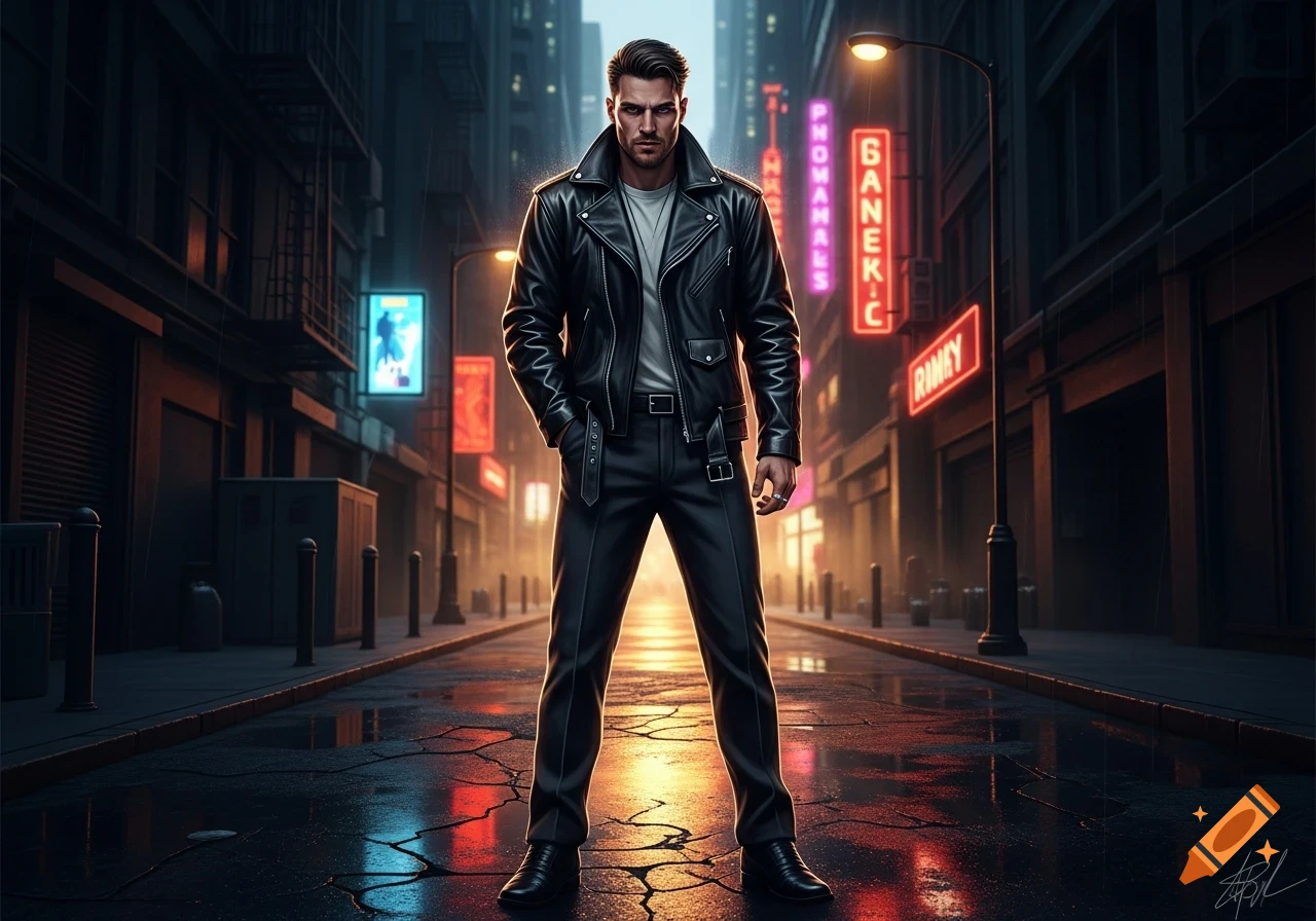 A confident man in a black leather jacket and dark pants stands on a wet city street at night, illuminated by neon signs.