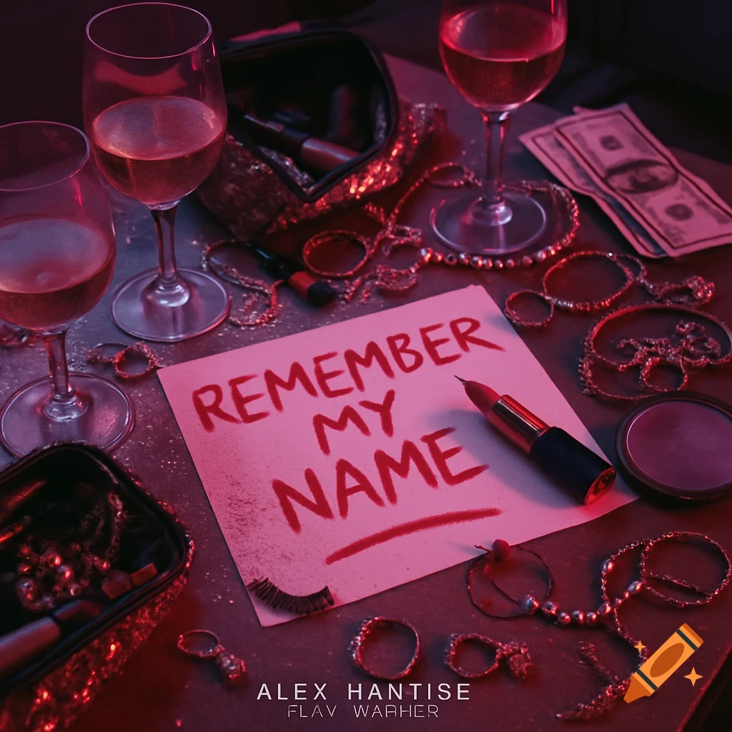 A close-up of a messy after-party table with wine glasses, makeup, jewelry, cash, and a note reading "REMEMBER MY NAME" in red lipstick.