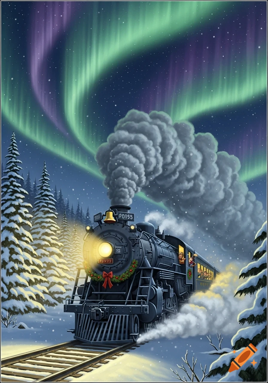 A black steam train, adorned with a Christmas wreath, chugs through a snowy forest under a vibrant green and purple aurora borealis sky.