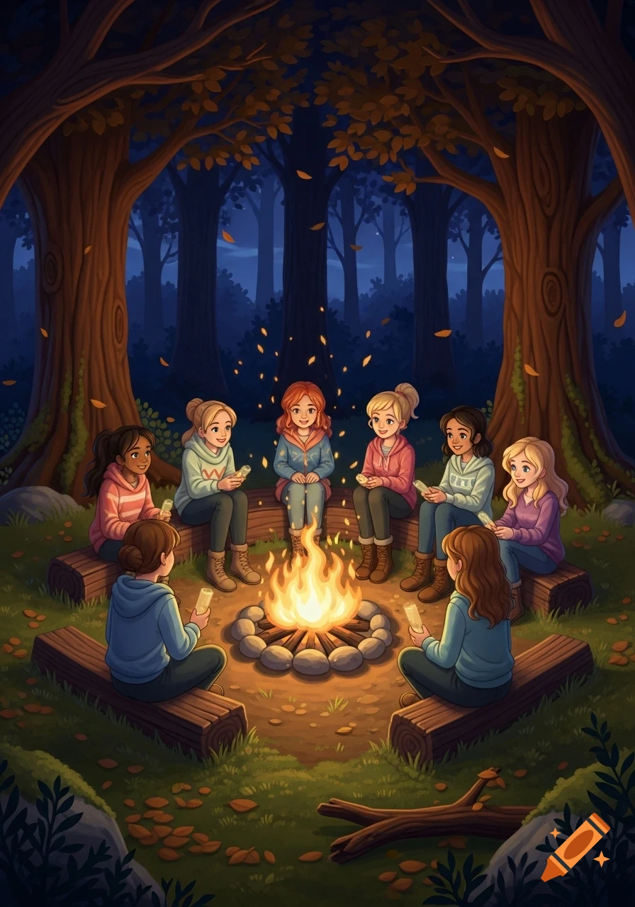 Cartoon illustration of eight girls sitting around a campfire in a dark forest at night, holding snacks.