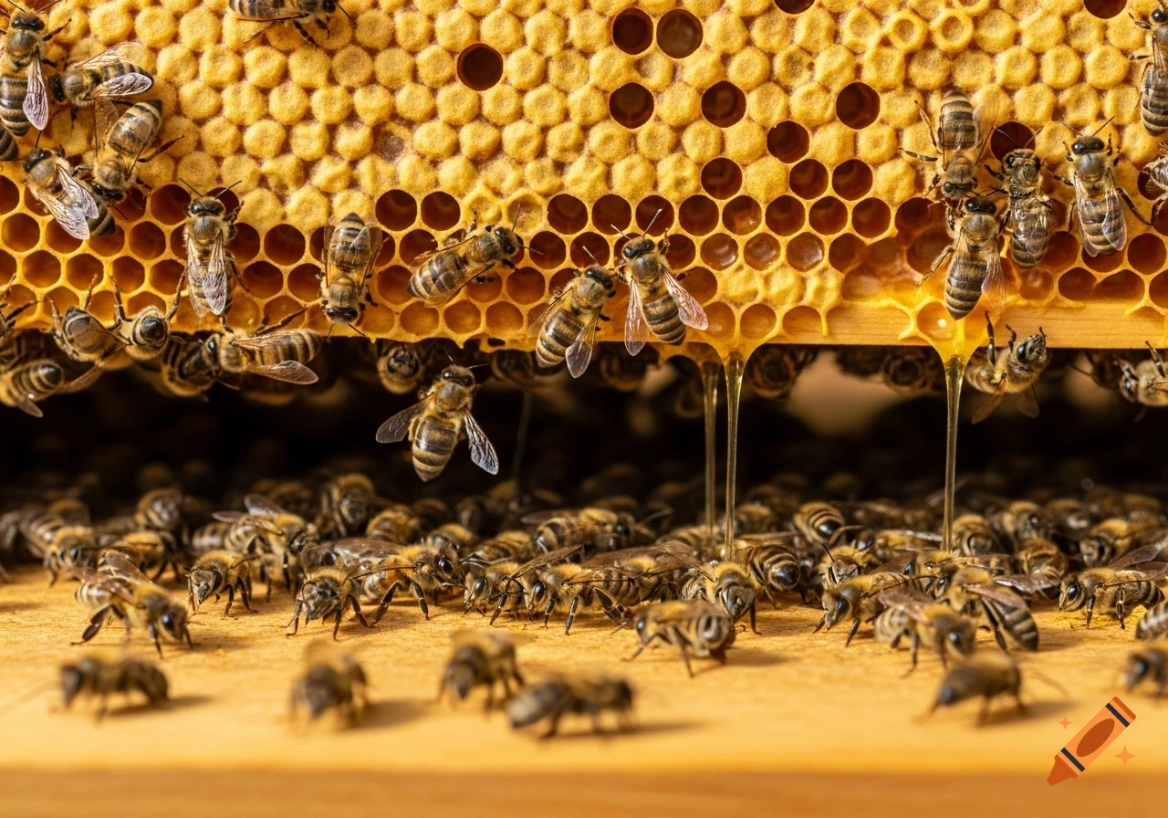 Close-up photorealistic shot of numerous honey bees on a golden honeycomb with golden honey dripping down.