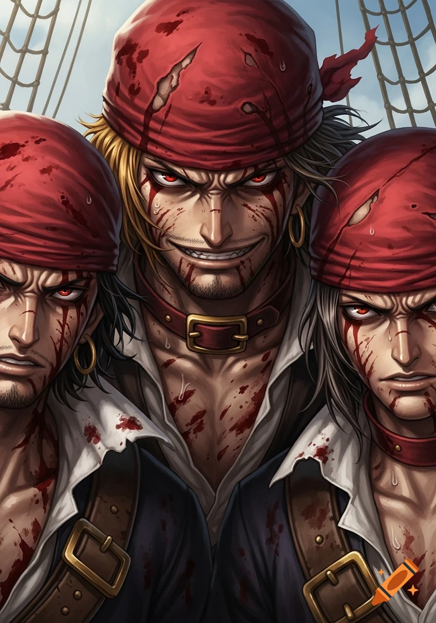 Close-up of three fierce, blood-splattered anime pirates in red bandanas, with intense expressions and glowing red eyes on a ship deck.