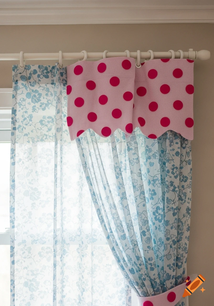 Sheer blue floral curtains layered under pink polka-dot felt valances, hanging from a white curtain rod.