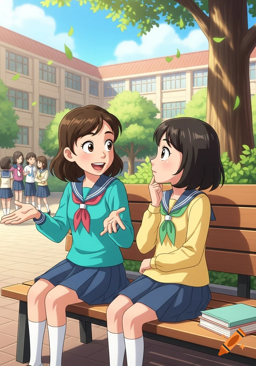 Cartoon of two schoolgirls in uniform sitting on a bench outside a school, one talking and one listening.