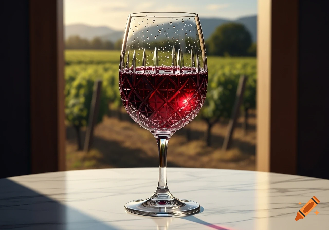 A photorealistic image of a cut crystal glass full of red wine on a marble table, with a sunlit vineyard in the background.