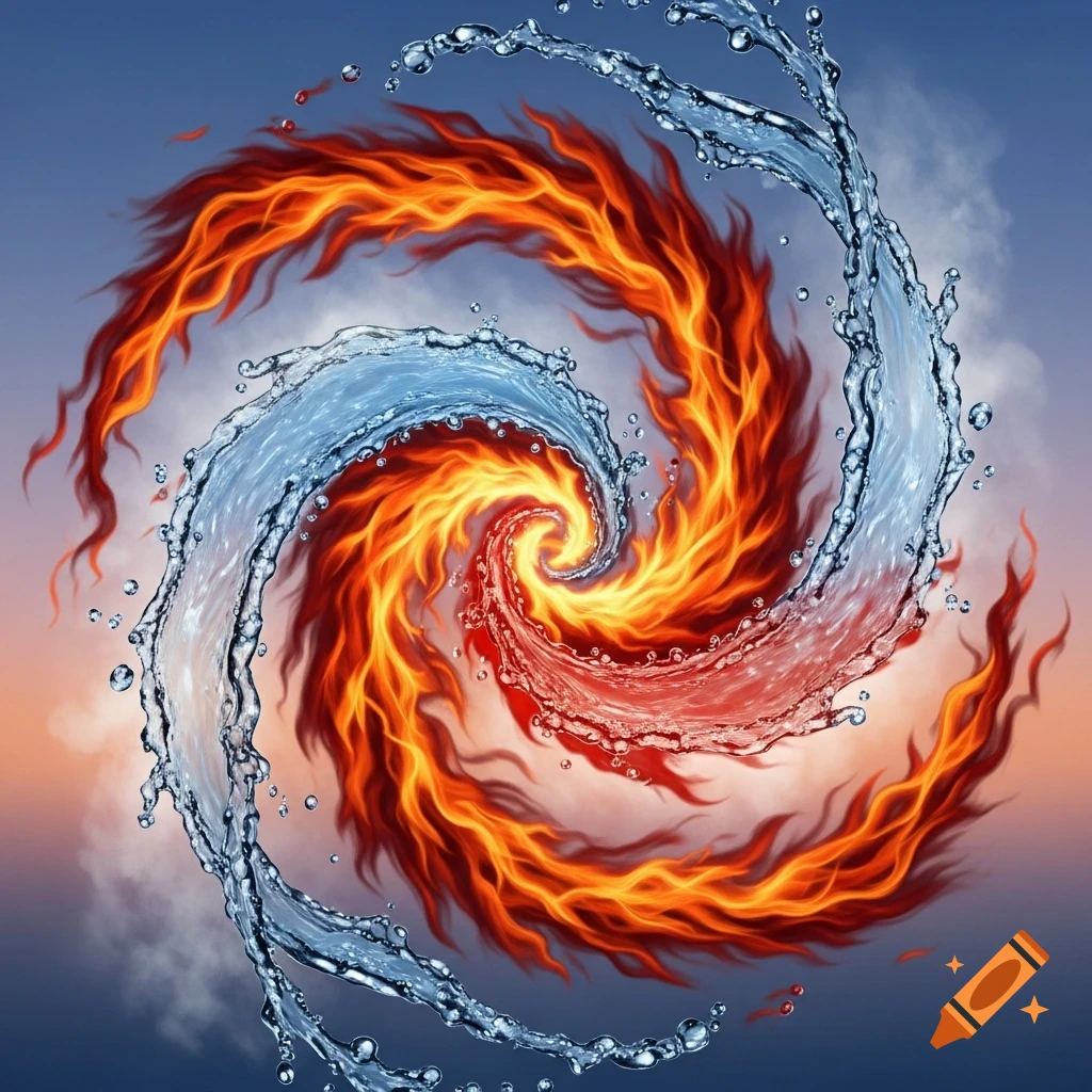 Vibrant abstract spiral of intertwining orange fire and blue water against a gradient sky.