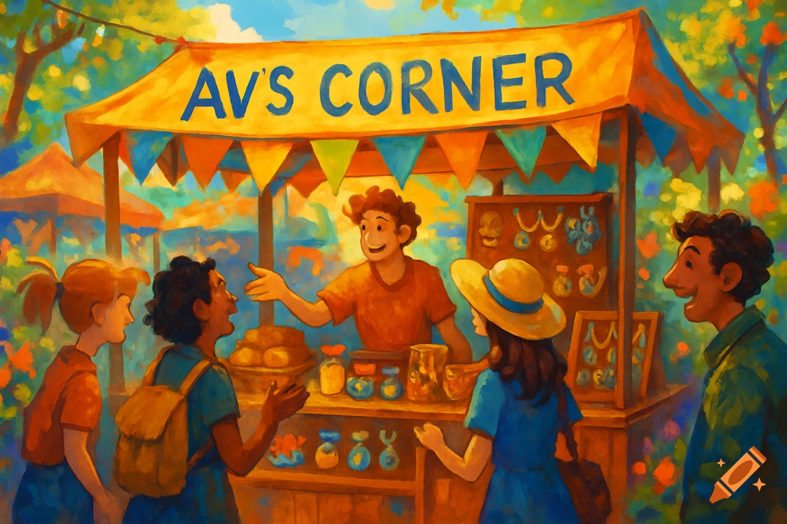 Colorful painterly illustration of a vibrant marketplace stall, a vendor talking to customers under an 'AV'S CORNER' banner.