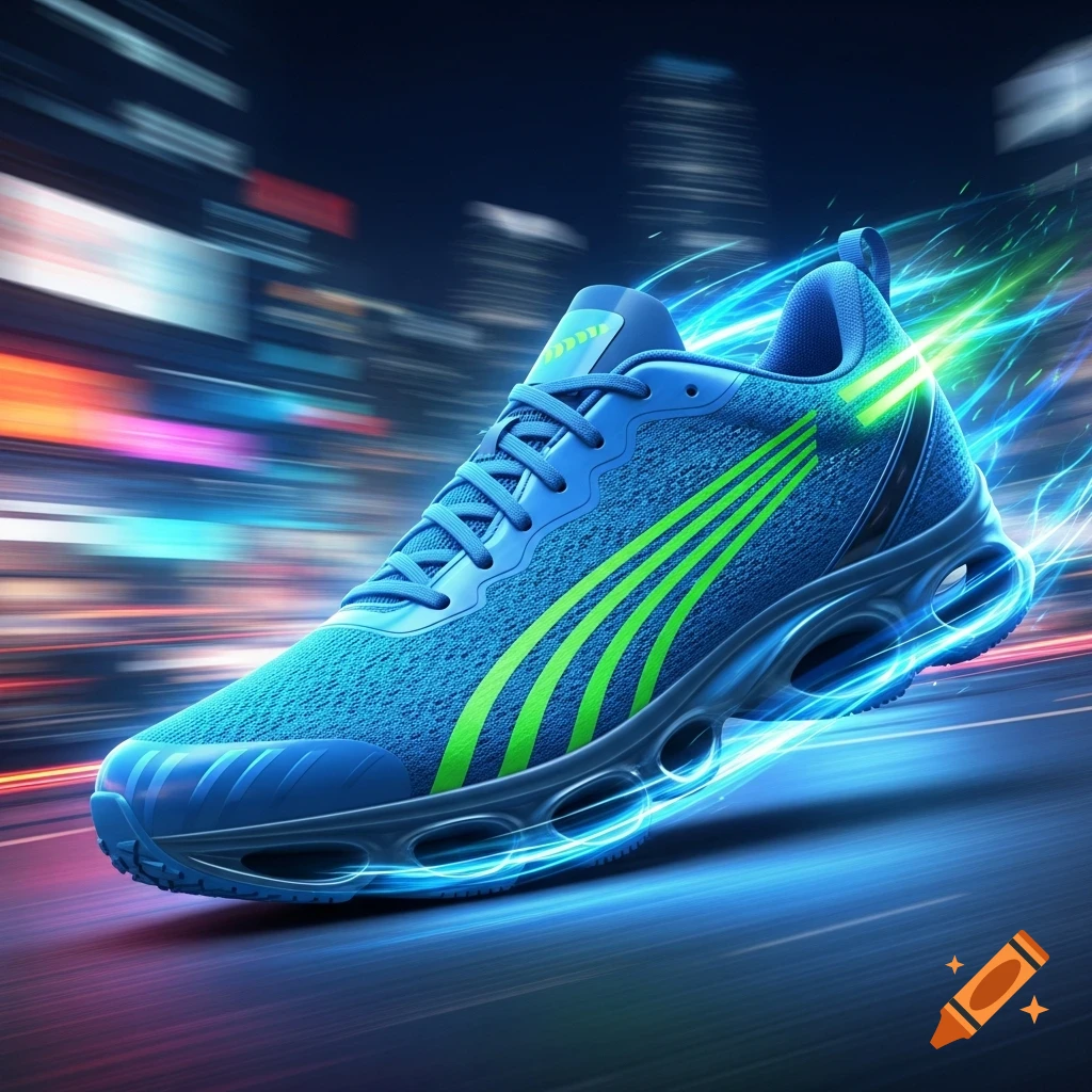 A dynamic blue running shoe with neon green stripes, surrounded by glowing light trails, against a blurry city night background.