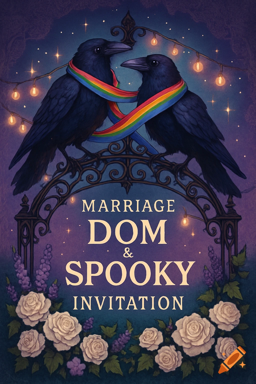 Two ravens wrapped in a rainbow ribbon on a decorative arch, surrounded by roses under a starry sky, with 'MARRIAGE DOM & SPOOKY INVITATION' text.