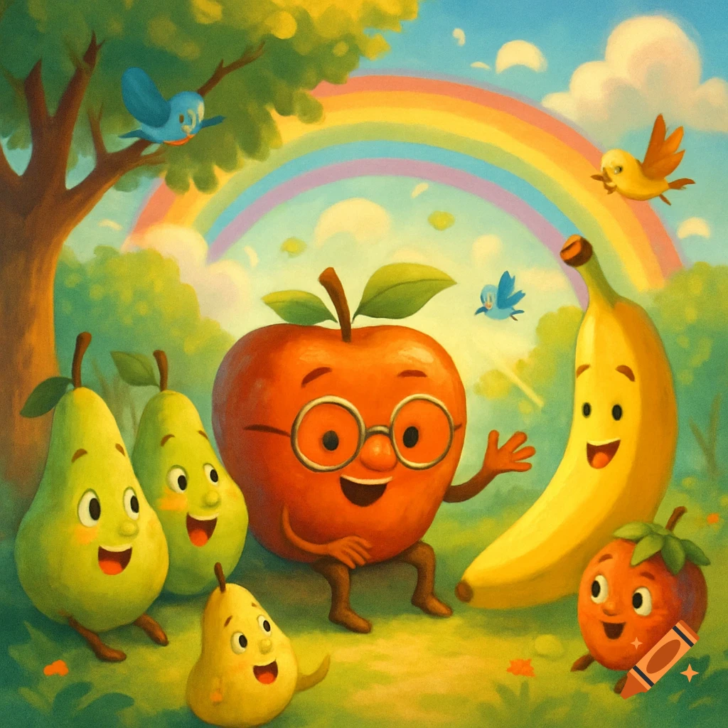 Anthropomorphic fruits including an apple with glasses, pears, a banana, and a strawberry, smiling in a colorful, cartoon forest with birds and a rainbow.