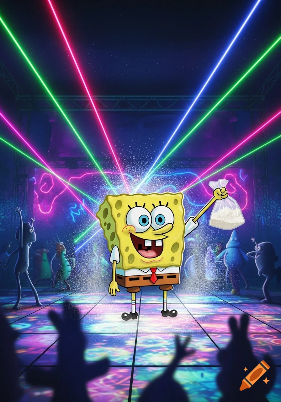 Spongebob at a vibrant rave, holding a plastic bag of white powder, with lasers and dancing figures in the background. Cartoon.