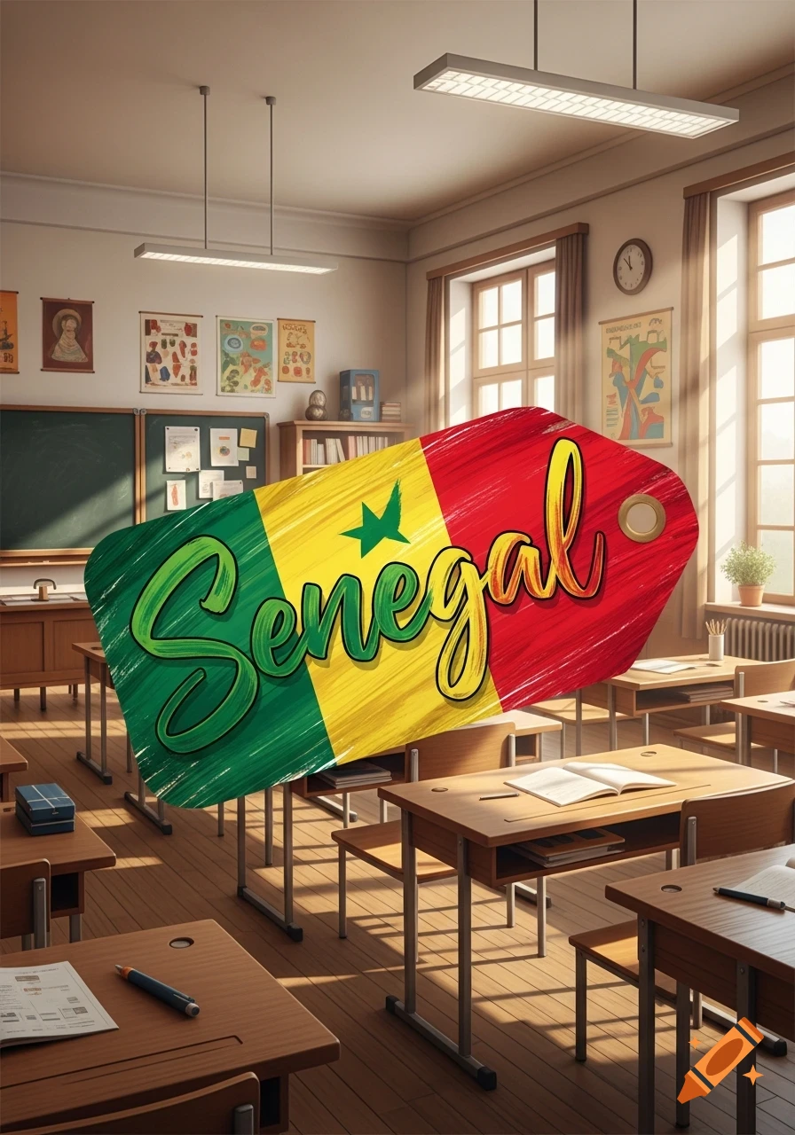 A large price tag designed as the flag of Senegal, with "Senegal" written across it, floats in a sunlit classroom with empty desks.