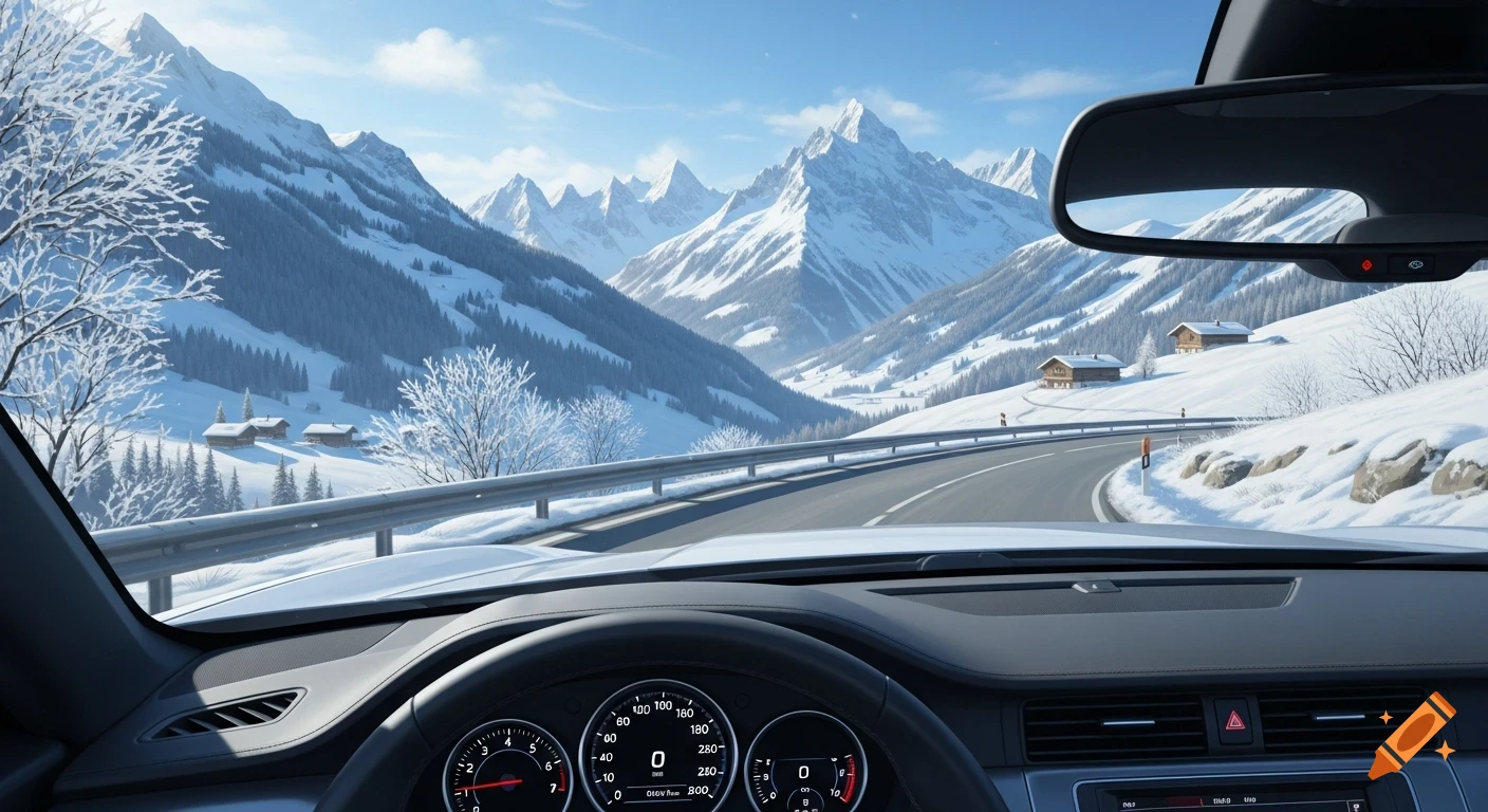 View from inside a car on a winding road through snowy mountains with cabins and trees.