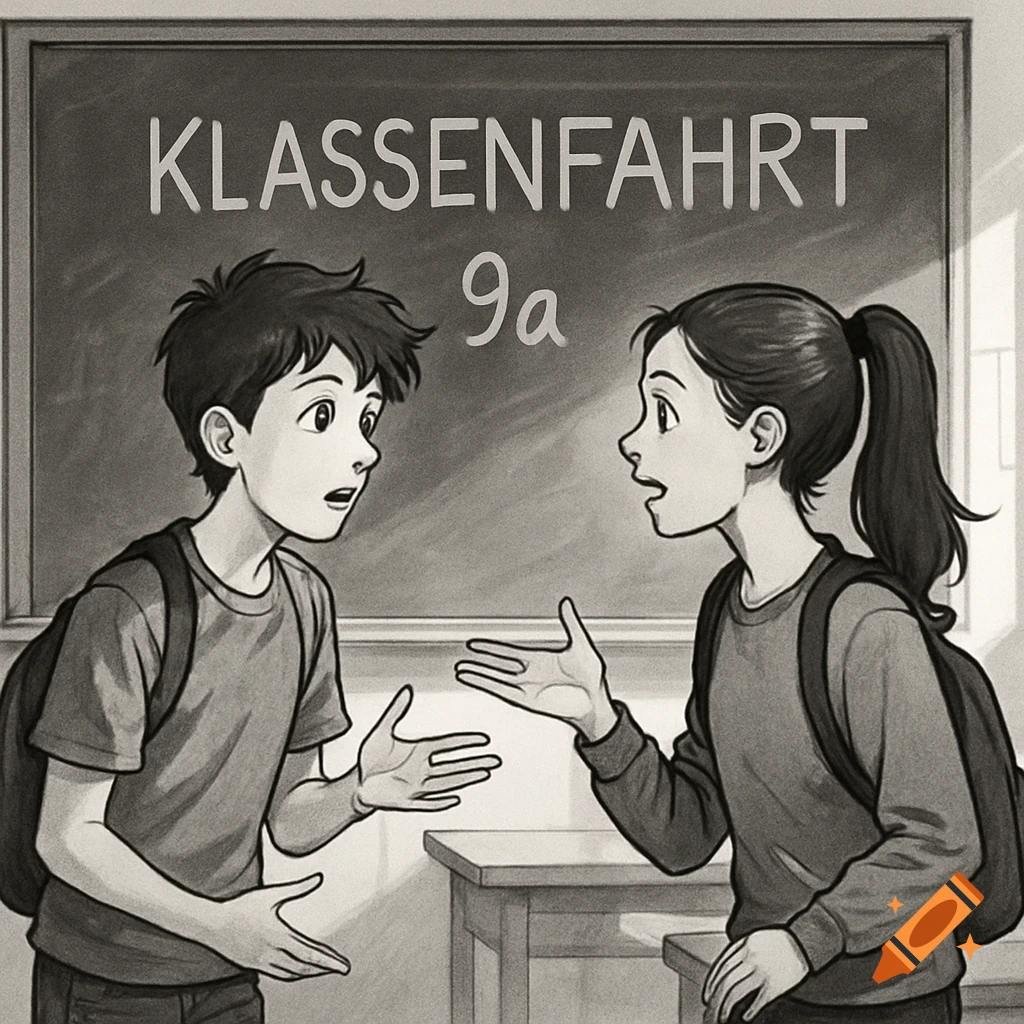Two black and white cartoon students with backpacks talk in front of a classroom blackboard that says KLASSENFAHRT 9a.