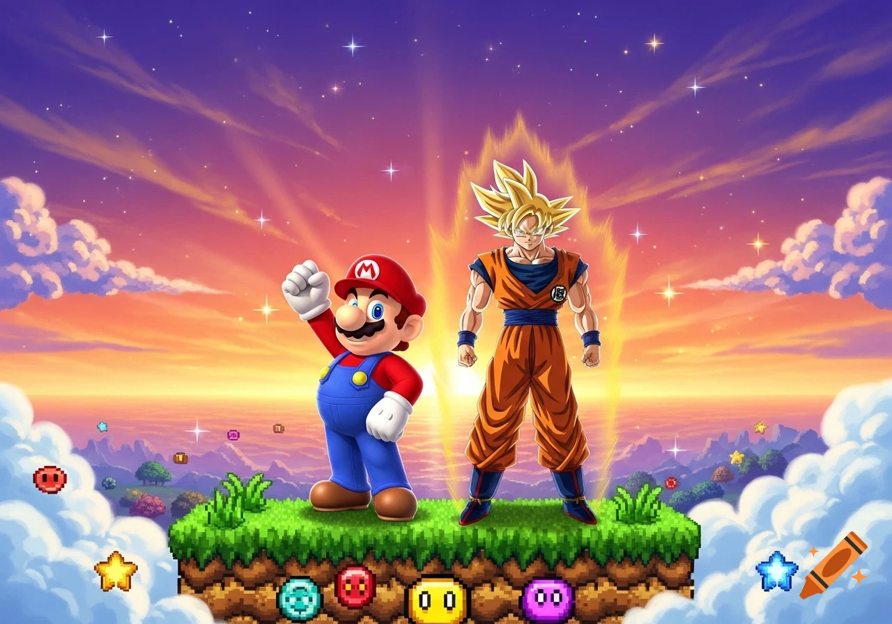 Mario and Goku stand on a floating green platform against a vibrant sunset sky. Mario raises a fist, while Goku glows with a golden aura.