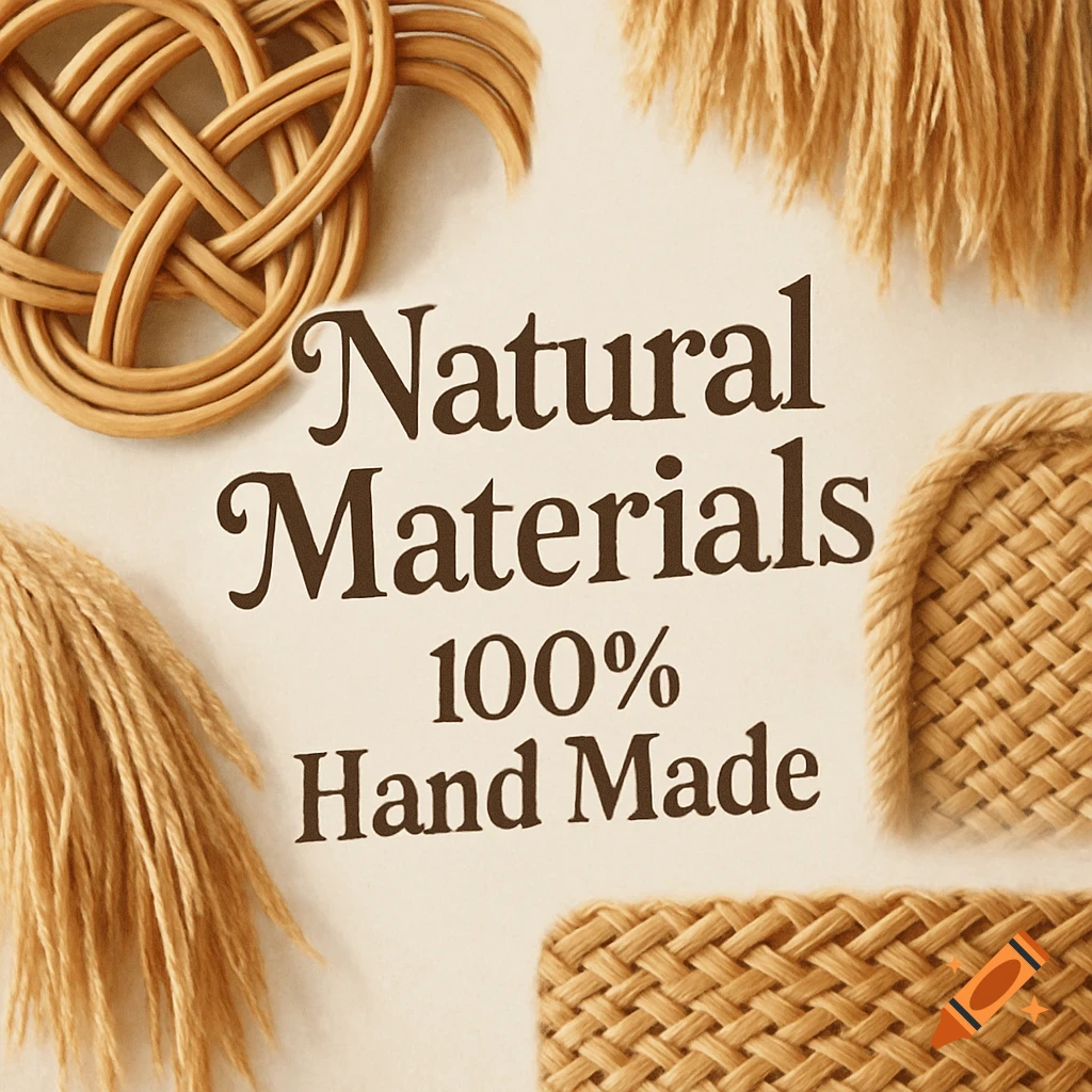 Close-up of woven rattan, loose fibers, and braided trim surrounding the text 'Natural Materials 100% Hand Made'.