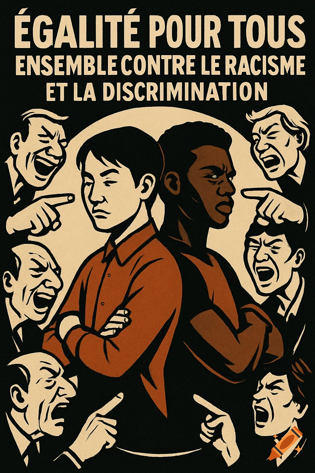 Anti-racism poster with an Asian man and a Black man standing back-to-back, surrounded by laughing, pointing figures. Text: 'Equality for all, together against racism and discrimination'.