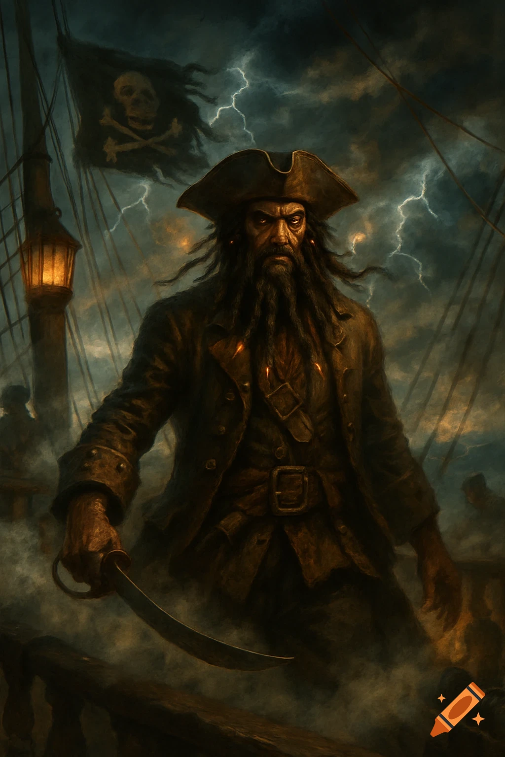 A fierce, dark-bearded pirate with a tricorn hat holds a sword on a stormy ship deck, with lightning and a skull flag. Dark fantasy art.