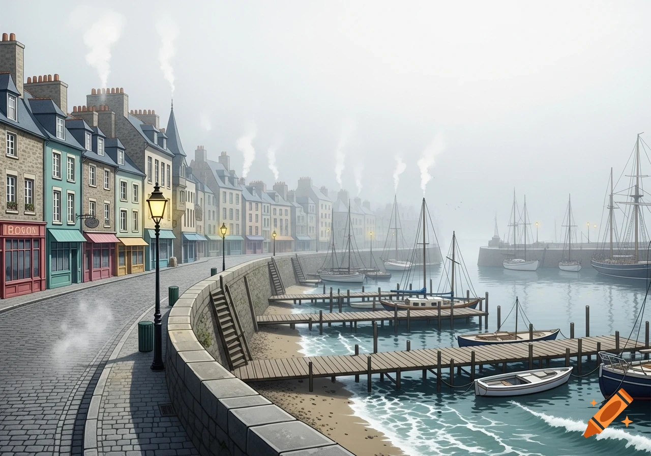 Stylized illustration of a foggy coastal city with colorful buildings, cobblestone streets, and boats docked in a harbor.