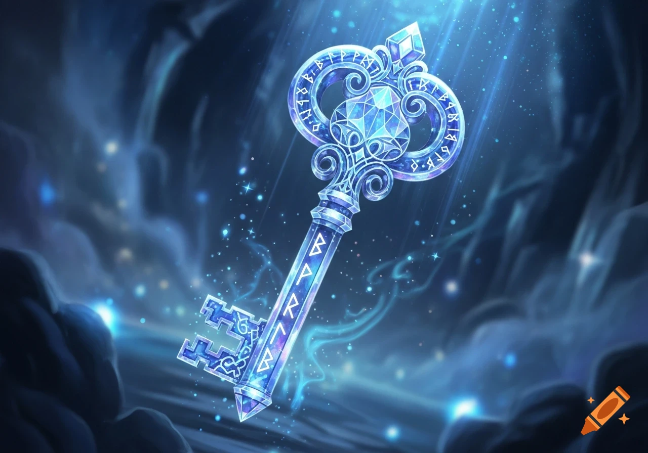 An ornate, glowing crystal key with runic symbols floats in a dark, magical environment with blue light rays.