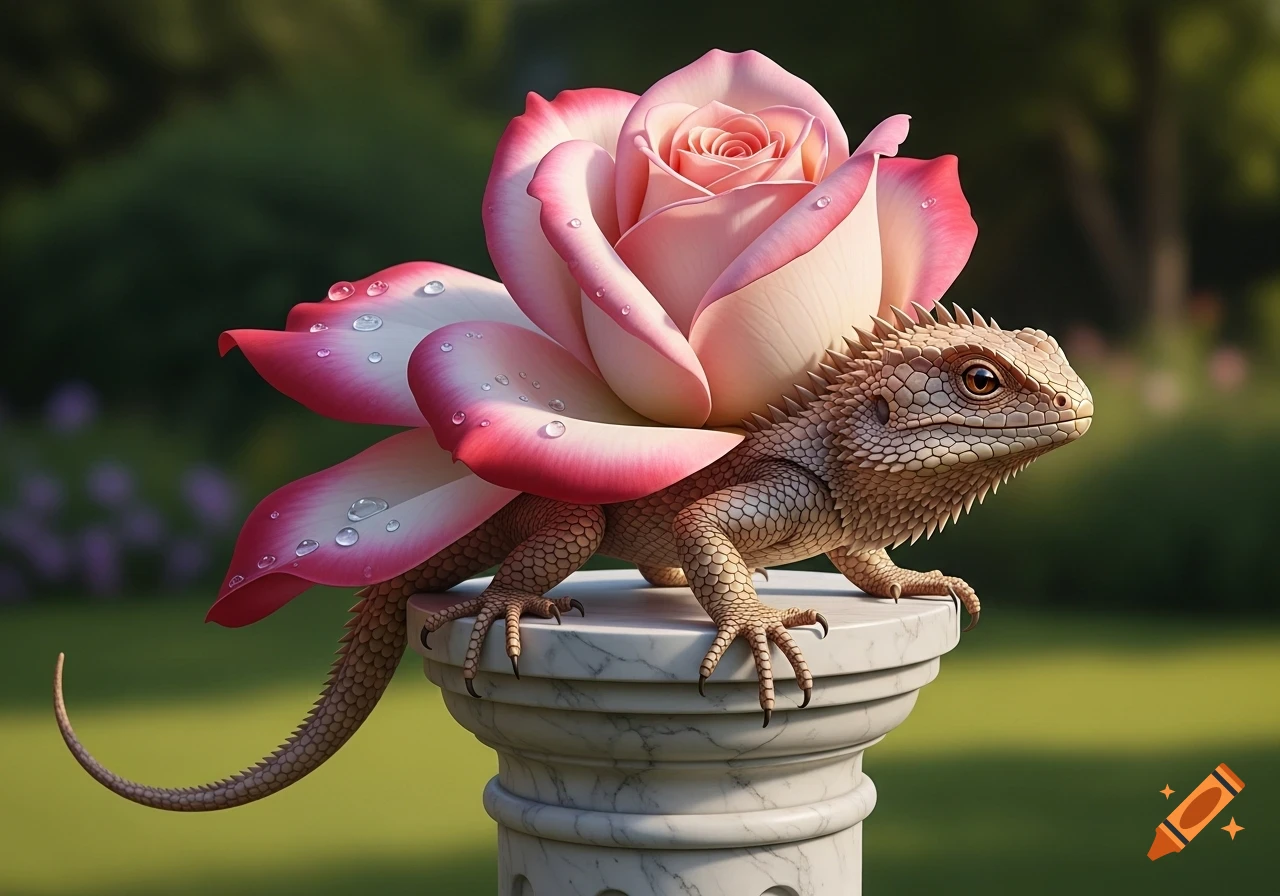 A photorealistic hybrid creature, a lizard with a pink and white rose as its back, sits on a white marble pedestal in a garden.