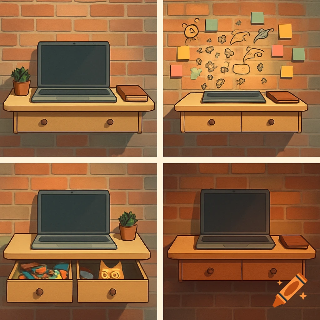 A four-panel comic illustration of a wooden desk with a laptop mounted on a brick wall, showing different states of drawers and wall decor.