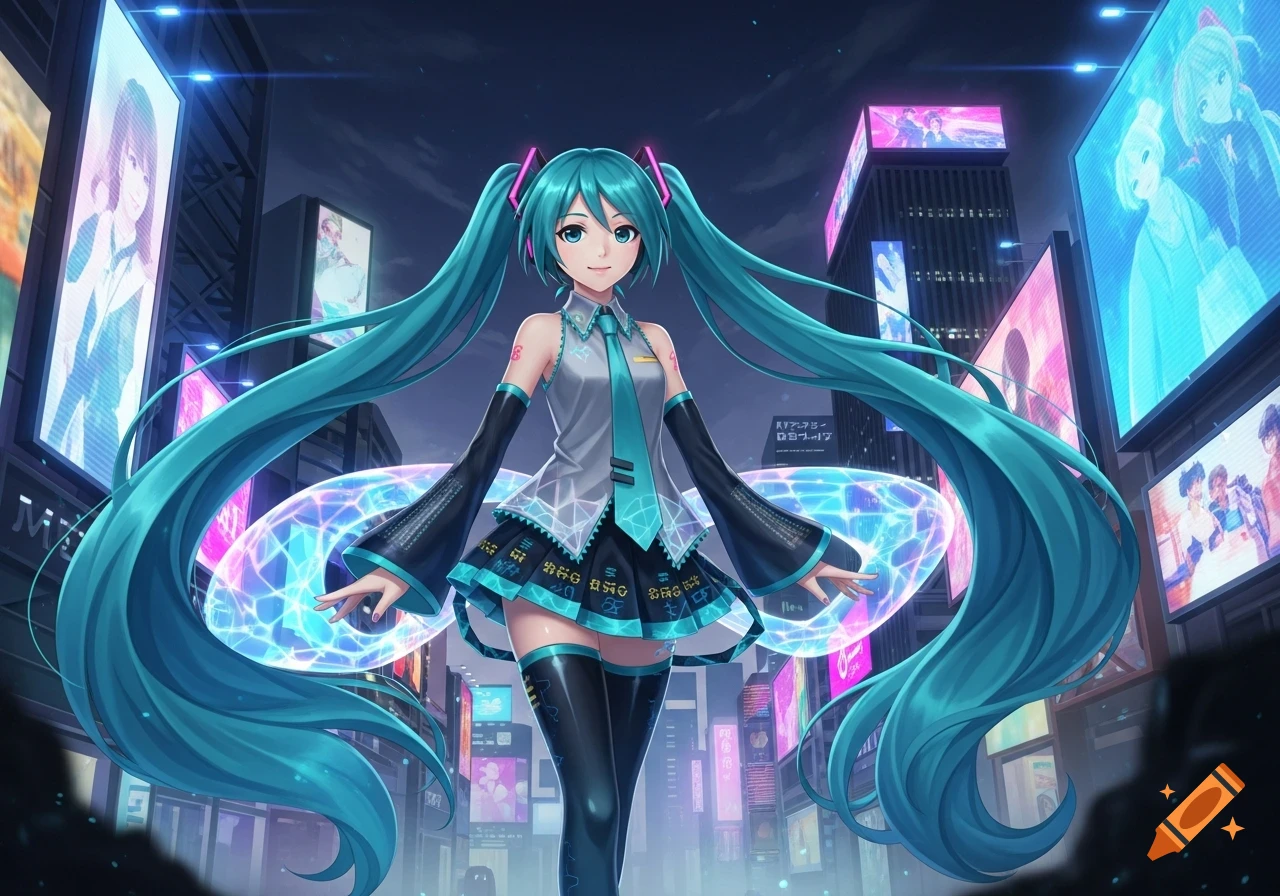 Hatsune Miku, an anime character with long turquoise pigtails, stands in a futuristic city at night, surrounded by glowing neon billboards and digital displays.