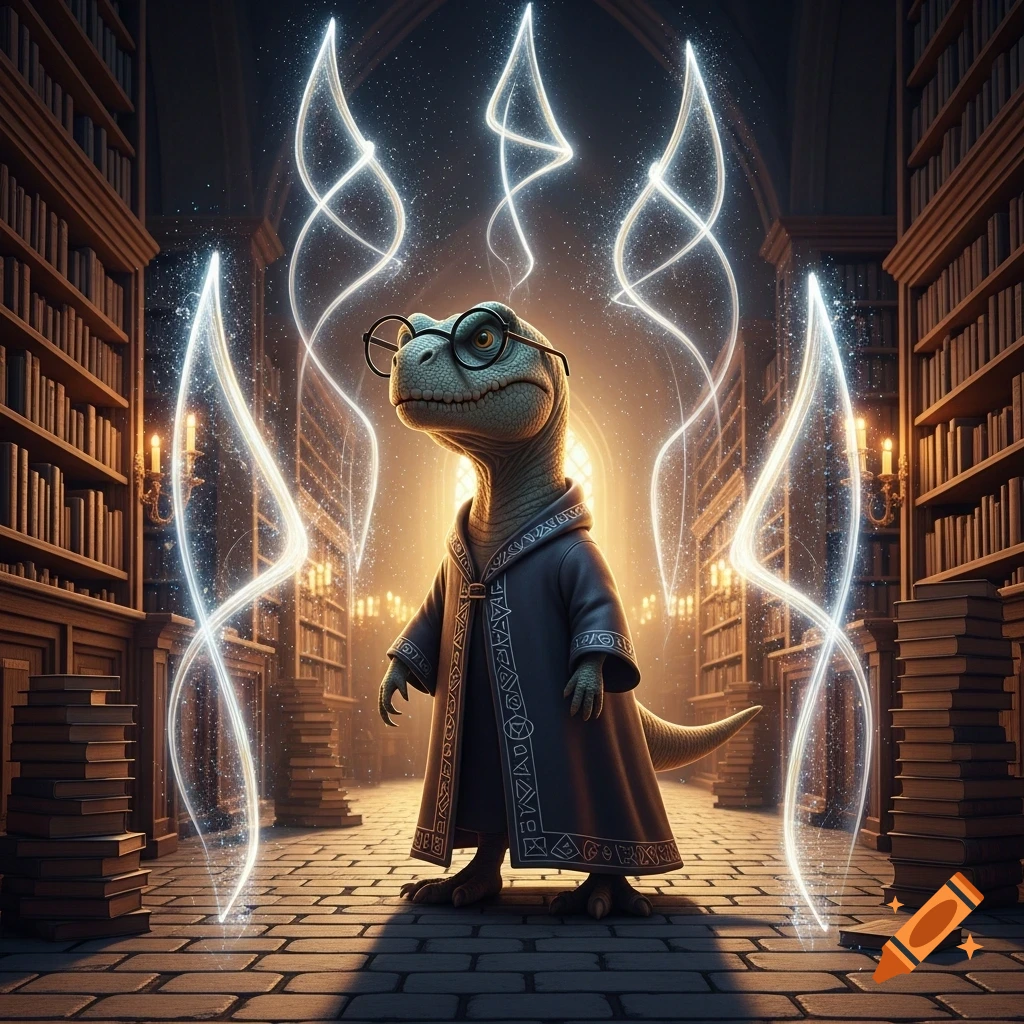 A nerdy dinosaur wizard with glasses and a robe stands in a magical library, surrounded by glowing white fractal light spirals.