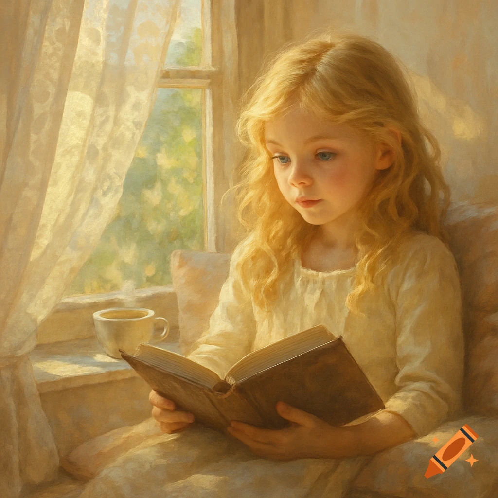 A blonde girl with blue eyes reads a book by a sunlit window, rendered in a warm, painterly style.