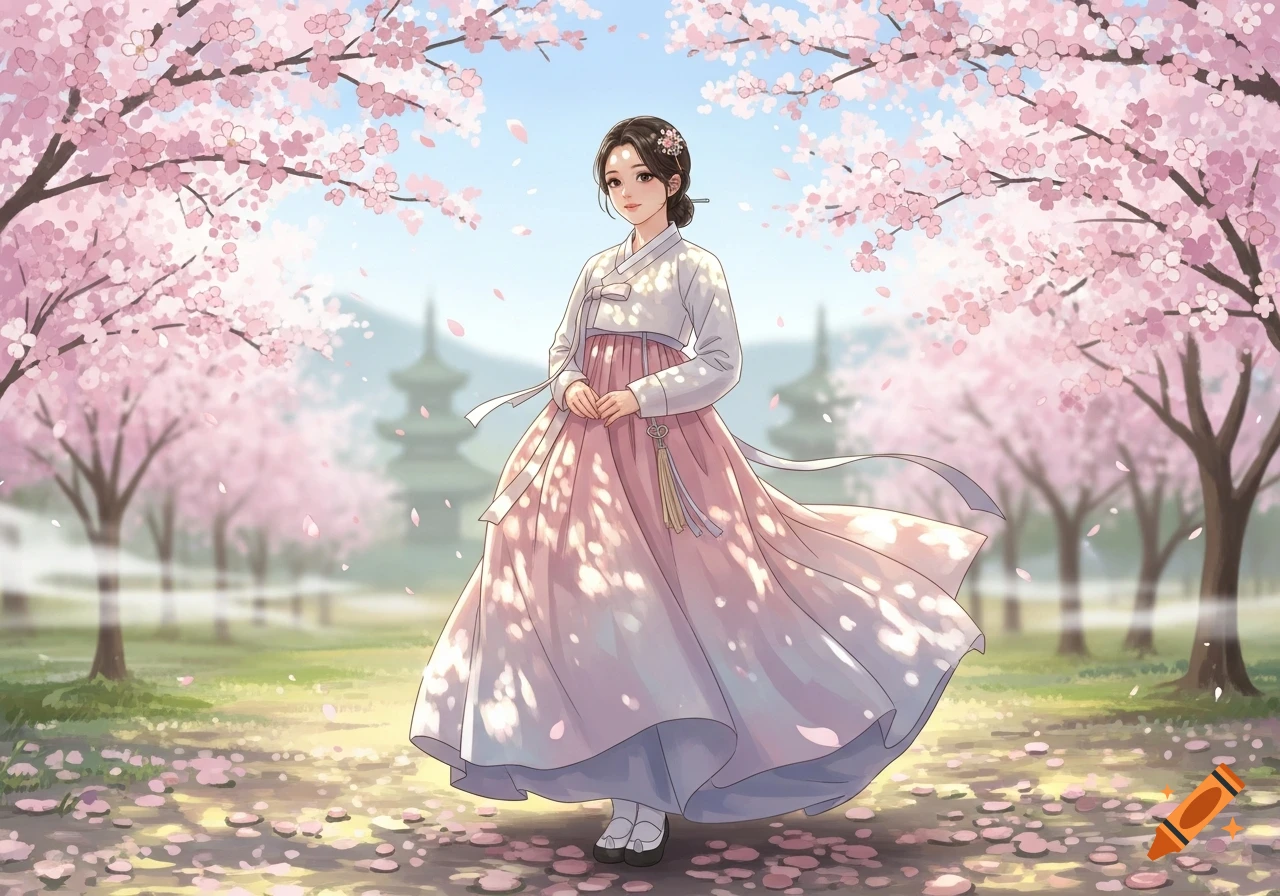 Anime illustration of a young woman in a pink and white hanbok, standing amidst cherry blossom trees with pagodas in the background.