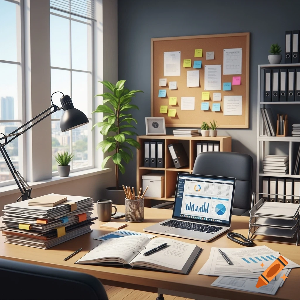 A tidy office desk with a laptop displaying charts, a stack of papers, an open notebook, and various office supplies. A window shows a city view.