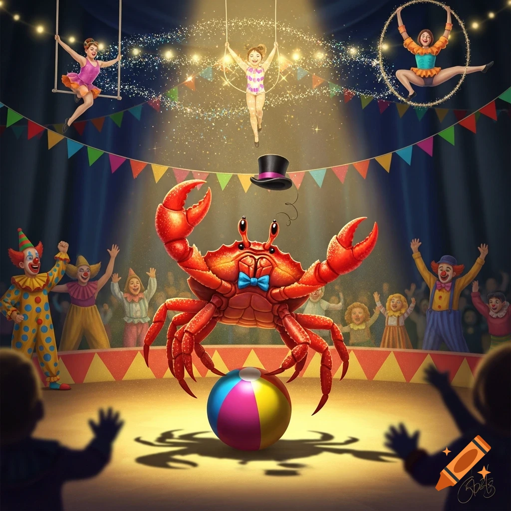 A whimsical illustration of a red crab in a top hat and bow tie balancing a beach ball in a circus ring, surrounded by acrobats and clowns.