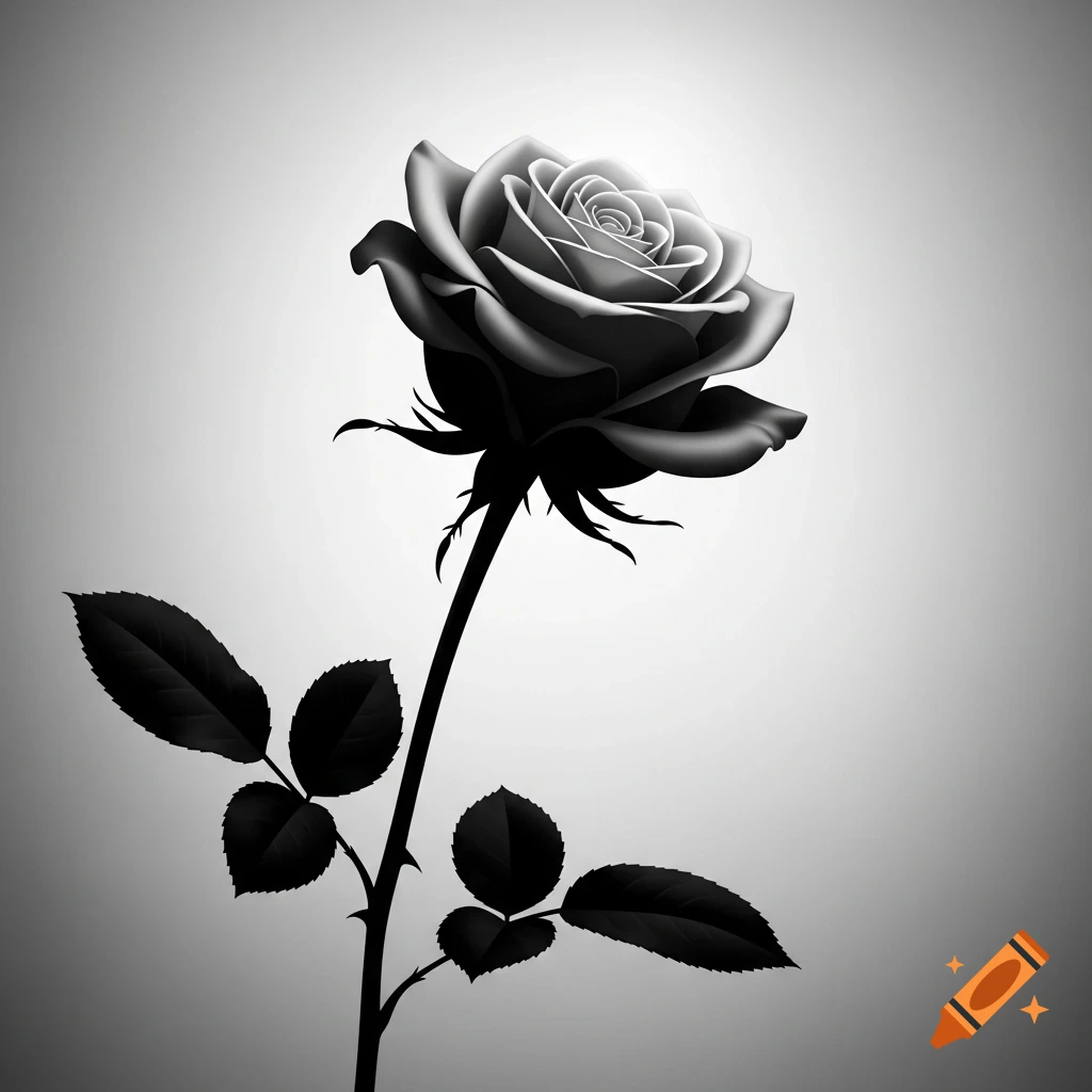A striking black and white illustration of a single rose with a long stem and leaves against a light gray background.